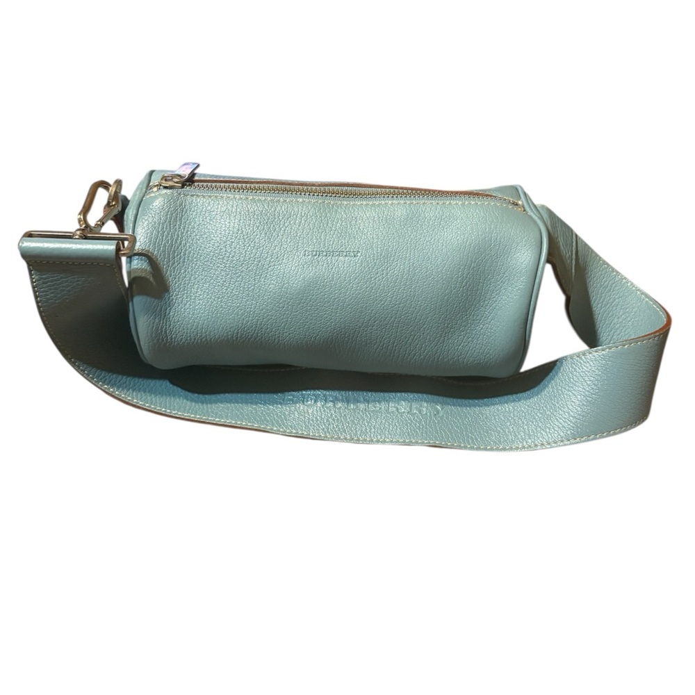 Burberry Light Blue Pebbled Leather Mini Shoulder Bag Gold Hardware Logo Strap